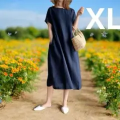 ❤️新品未使用❤️ ワンピース　XL ネイビー　春夏　ゆったり　体型カバー
