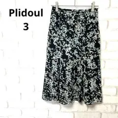 Plidoul ひざ丈スカート　フレア　日本製　薄め　黒　花柄　3