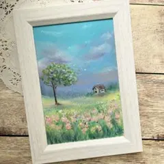 オイルパステル画　草原の風景　風景画
