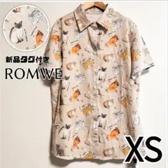 【新品タグ付き】ロムウェ◆シャツ◆半袖◆猫 キャット◆総柄◆ベージュ◆XS