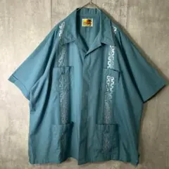 刺繍 キューバシャツ 比翼ボタン 開襟 水色