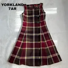 美品　ヨークランド　ワンピース　チェック　ベルト　フリンジ　ボルドー　膝丈　本革