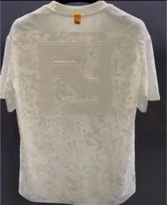 ホワイト メッシュ　ニットシルク　ベルベット Tシャツ ロゴ刺繍