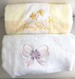 【E】バスタオルセット（クリーム色・白・刺繍）無撚糸バスタオル　ニナリッチ