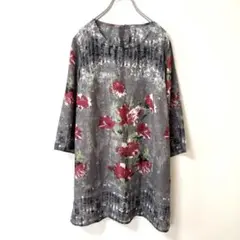 【L】総柄ブラウス 花柄 五分袖 チュニック丈 軽い 華やか