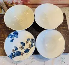 藍彩花　青磁陽刻花文様鉢4個セット