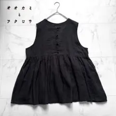 近年 オオカミとフクロウ オオカミとゆらゆら木の葉のタンバリン　麻　ブラウス 黒