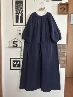 美品★コットンリネンパフスリーブ前開きワンピース＊ネイビー