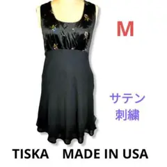 TISKAアメリカ製★フラワー刺繍サテンワンピースM9号黒ブラックノースリーブ