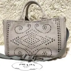 美品✨プラダ カナパ ビジュー グレー 2way ショルダー Mサイズ 白タグ