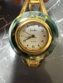 liebe ゴールド グリーン アナログ腕時計