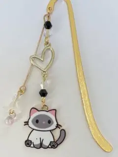 訳あり猫ちゃん シャム猫とハート♡お花のブックマーカー