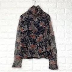 シアーカットソー【M〜L】紺 花柄 ハイネック 部分的に透け感あり ストレッチ