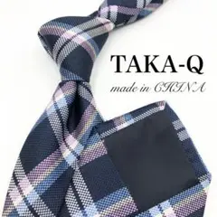【美品】TAKA-Q ネクタイ チェック柄 ネイビー 紺 ピンク 光沢感