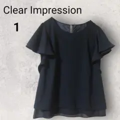 クリアインプレッション 半袖 ブラウス ネイビー フリル シフォン Uネック