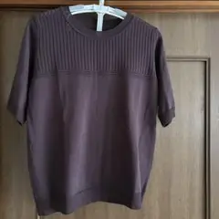 ダークパープル 半袖ニット 編み込み模様