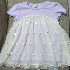 100cm パープル　デイジー刺繍付き2枚チュールTシャツ
