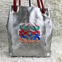 ロエベ 巾着バッグ ナイロン アナグラム デカロゴ シルバー 木目調