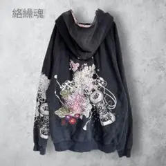 【時遊　絡繰魂　コラボ】　花刺繍　和柄　パーカー　袖プリント　大きいサイズ　黒