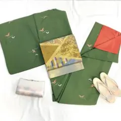 【2468】着物 小紋 化繊 袷 蝶 緑 単品販売♪