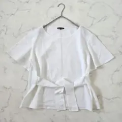 美品✨　23区　リボン付き半袖カットソー　シアサッカー　ストレッチ　L