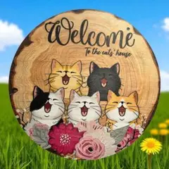 木製 猫プレート 20cm 丸型Welcome ウッドサイン インテリア
