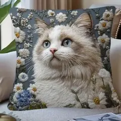 新品 クッションカバー 刺繍風 プリント 猫 ネコ 動物 リアル 凛々しいシャム
