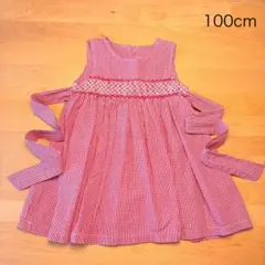 スモッキング刺繍 ノースリーブ ワンピース 赤 チェック 100cm