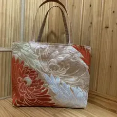 263 帯リメイクバッグ　花柄刺繍トートバッグ