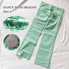 ダンスウィズドラゴン ゴルフパンツ ギンガムチェック 緑 ロゴ龍刺繍 1(S)