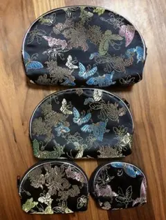 刺繍ポーチ　化粧ポーチ　花と蝶　ブラック　9.5〜21cm 4点セット