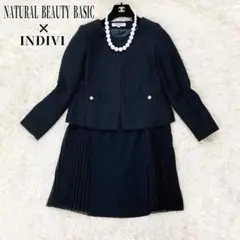 NBB・INDIVI スカートスーツセットアップツイードノーカラーブラック