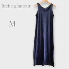 ビジュー付きロングカットソーワンピース　ノースリーブ　ネイビー　M