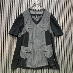 【SANS FIN】ブラックデニム風　重ね着　シースルートップス　比翼仕立　LL