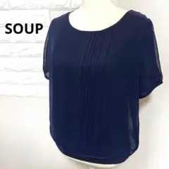 SOUP スープ ノーカラー ブラウス ネイビー 半袖 レディース L ◎