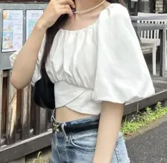 JUNOAH バスリーブバックリボンショートトップス ホワイト