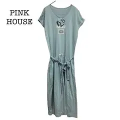【pink house】ロングワンピース(F)ワッペン リボン くすみブルー