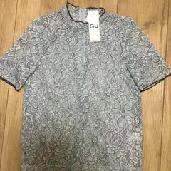 【新品】GUレースフリルネックTシャツ(ブルー)