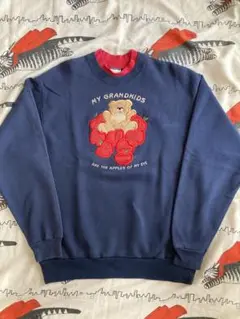 vintage くま りんご トレーナー ネイビー 刺繍 古着 ヴィンテージ