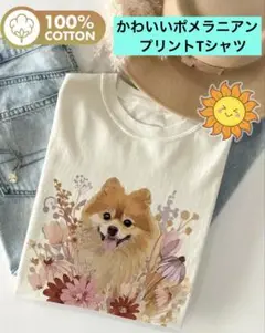 かわいいポメラニアンプリントのTさシャツ　サイズLL (アイボリー)