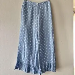 水色ドット柄フリル裾カジュアルパンツ