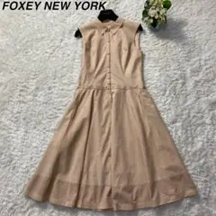 美品 FOXY 秋冬 フェイクレザー 襟付きワンピース ピンクベージュ 38