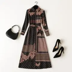 未使用級⭐️ZARA シャツワンピース ペイズリーベルト 総柄黒 マキシ丈 XS