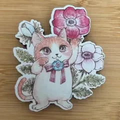 はるのねこびより　アネモネマグネット　水彩イラスト