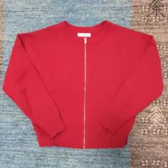 【インタープラネット】レッド ニット カーディガン ジッパー付き FREEサイズ