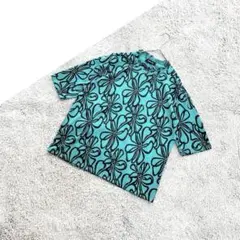 B1703【PURER】総柄花柄ターコイズブルー五分袖Tシャツ/派手