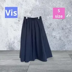 【Vis】フレアースカート /ふんわり/ネイビー /ひざ丈/ウェスト後部分ゴムS