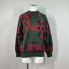 【サンコーライフ】ニット　セーター　緑　L　総柄 丸首 ウール 美品　未使用
