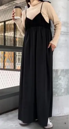 2WAYフェザー切替ナイロンキャミワンピース　ブラック