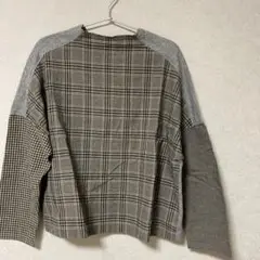 チェック柄異素材ミックス長袖トップス